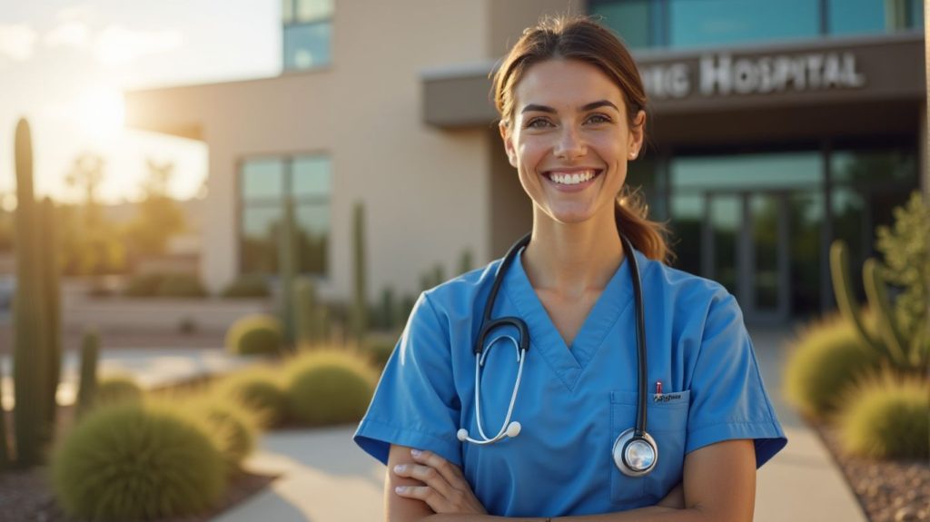 Arizona nurse outside hospital – Affordable Nursing Programs 2026.