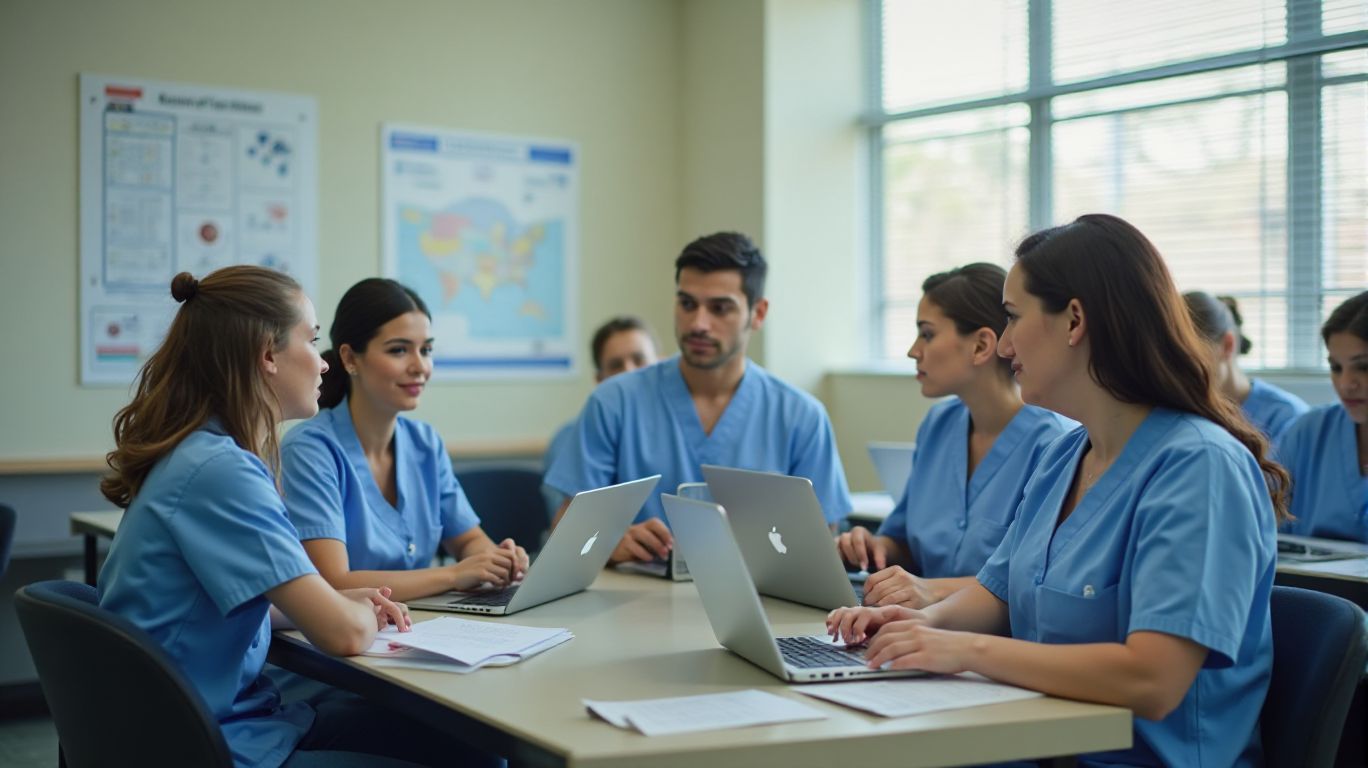 Group of nursing students studying together in a bright classroom