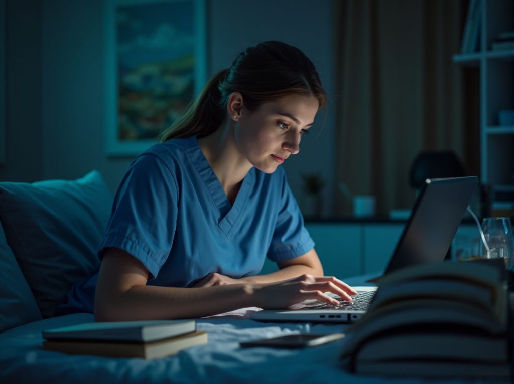 ICU nurse preparing CRNA application and studying anesthesia coursework.