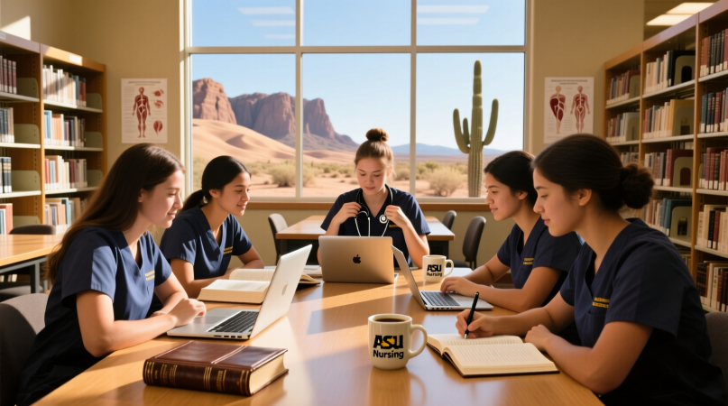 Arizona BSN nursing students studying in university library preparing for exams.