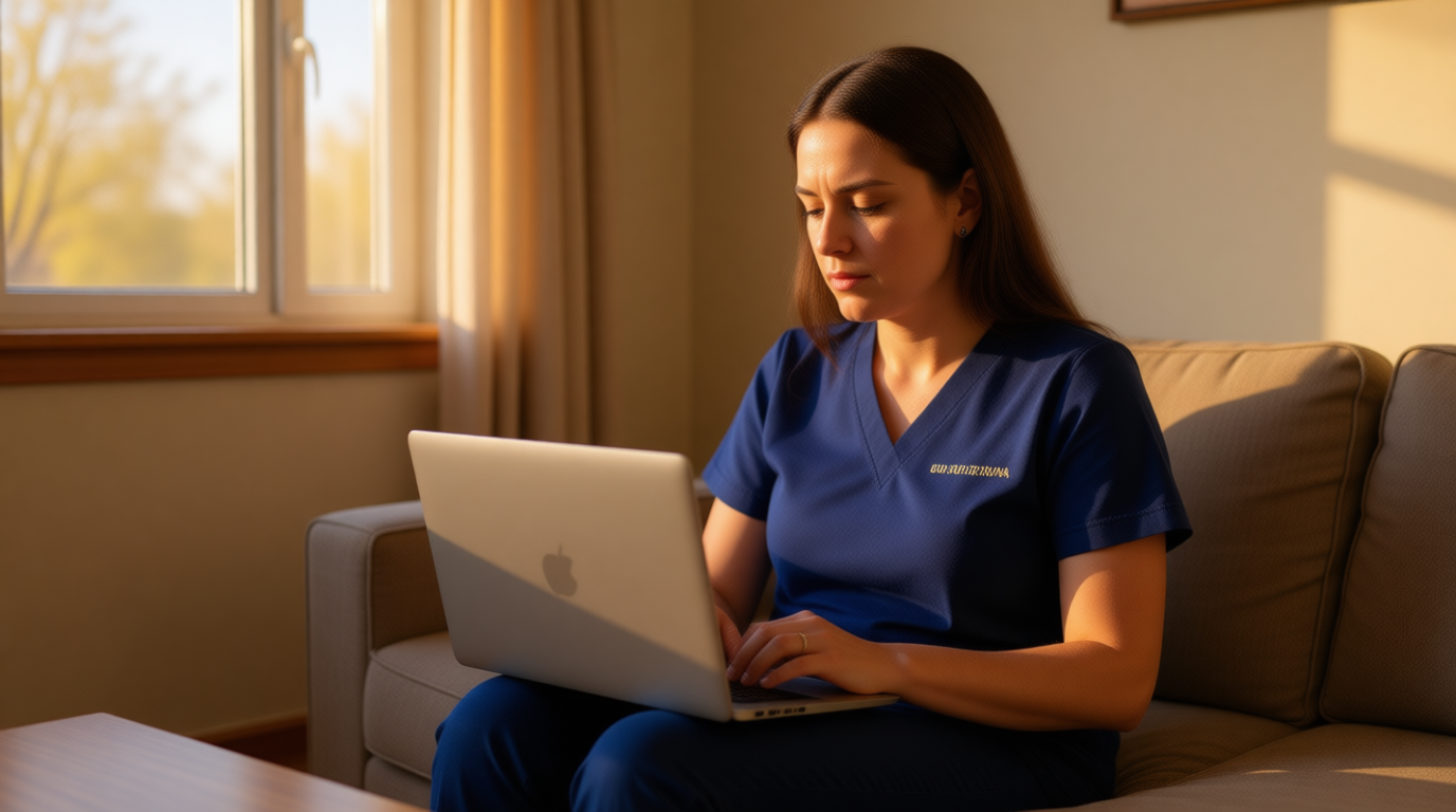 Arizona nurse studying online for RN to BSN program with laptop and notes.