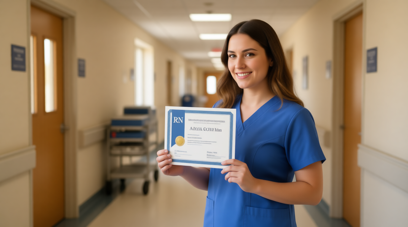 Arizona registered nurse holding RN license after graduation from nursing school.