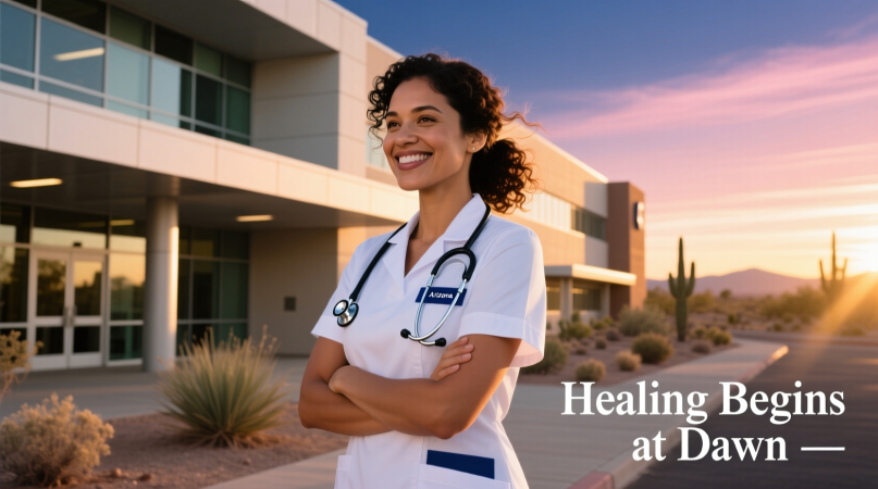 Confident Arizona nurse beginning rewarding career after completing affordable nursing program.
