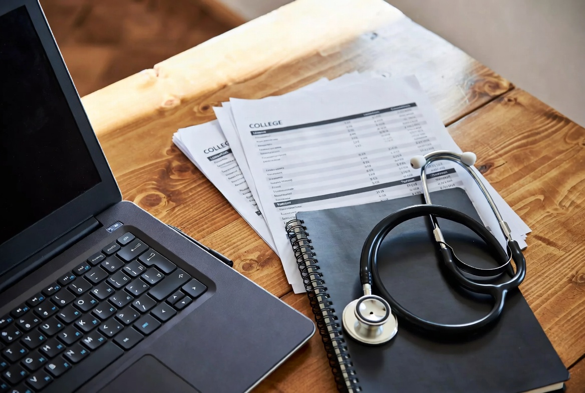 
Desk with nursing school comparison documents, laptop, and stethoscope.