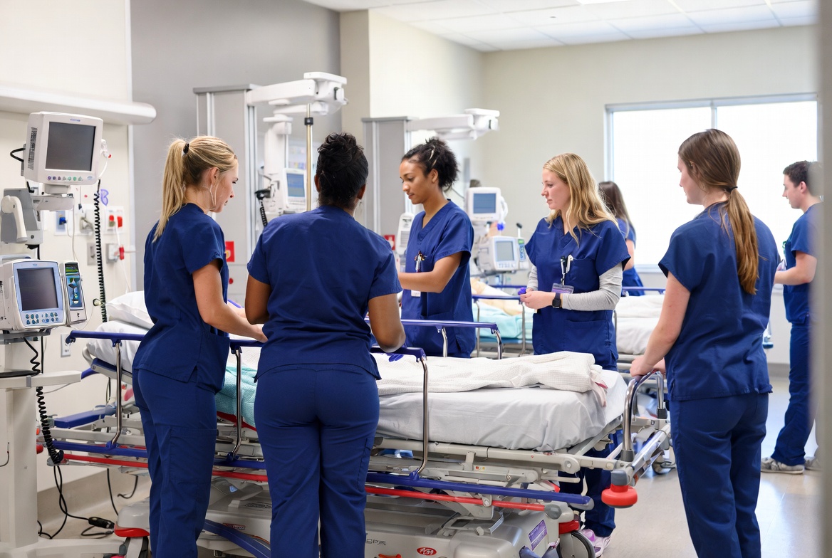 GCU nursing students practicing patient care in a simulation room.