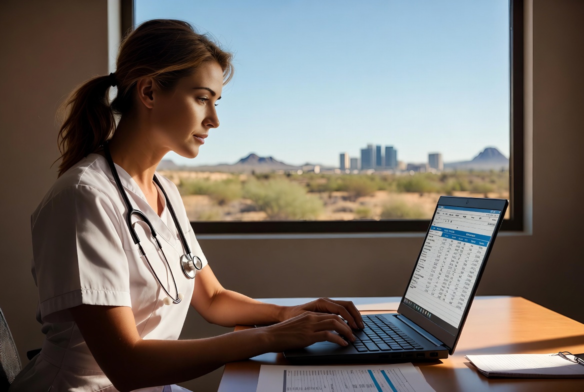 Nurse analyzing career growth data for advancing from LPN to RN.