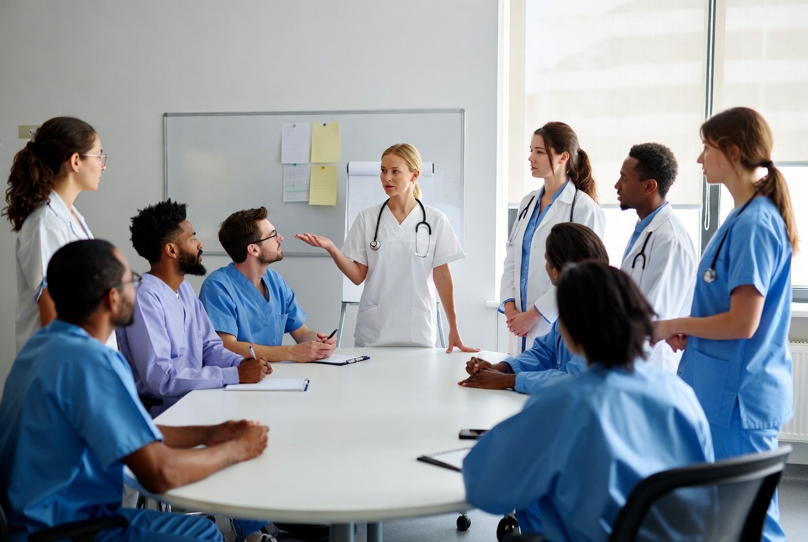 Nurse leader guiding a healthcare team during a meeting, representing BSN career advancement.