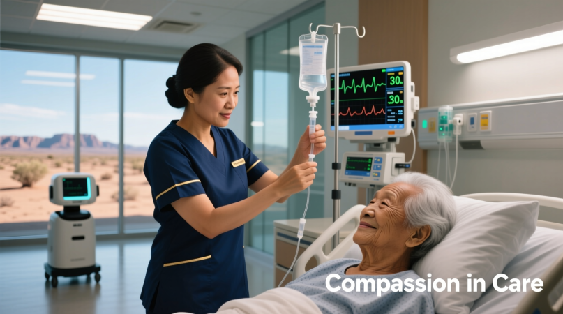 Nurse providing patient care in a modern Arizona hospital setting.