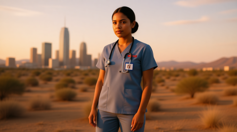 Nurse standing in front of Phoenix skyline representing nursing career growth in Arizona.