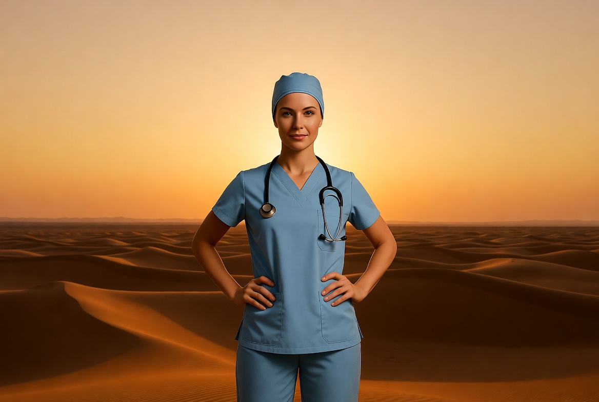 Nurse standing in the Arizona desert at sunset symbolizing career advancement to RN.
