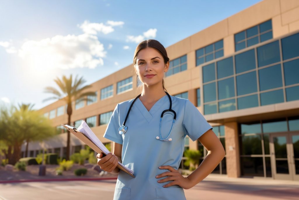 Nurse standing outside an Arizona hospital representing LPN-to-RN bridge programs.