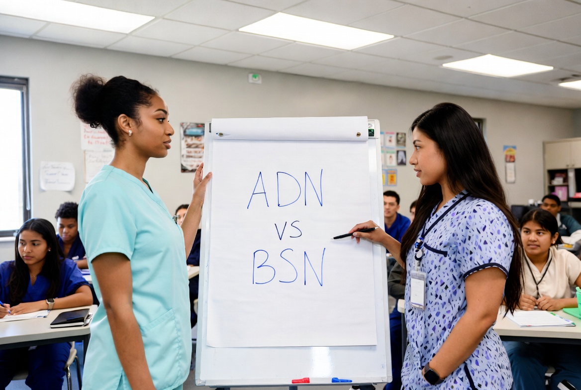 Nurses comparing ADN and BSN pathways in a nursing classroom.