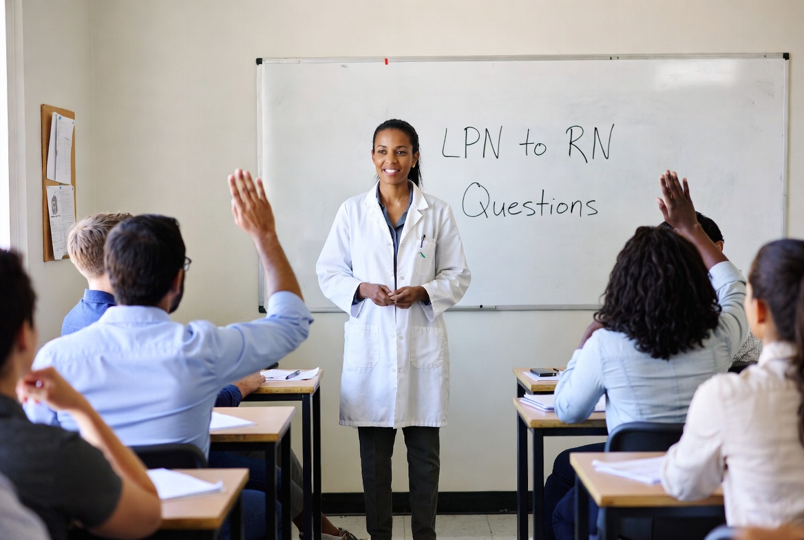 Nursing instructor addressing student questions about LPN-to-RN programs.
