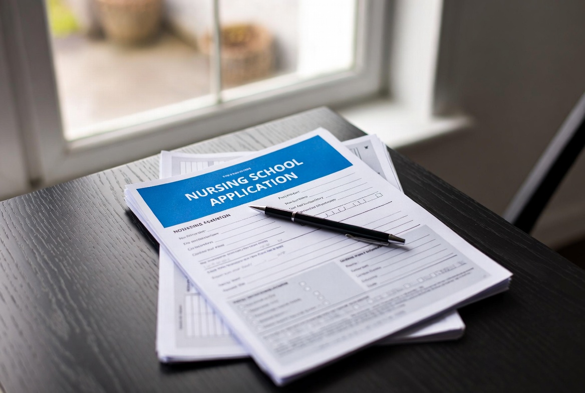 Nursing school application checklist and documents laid out on a desk.