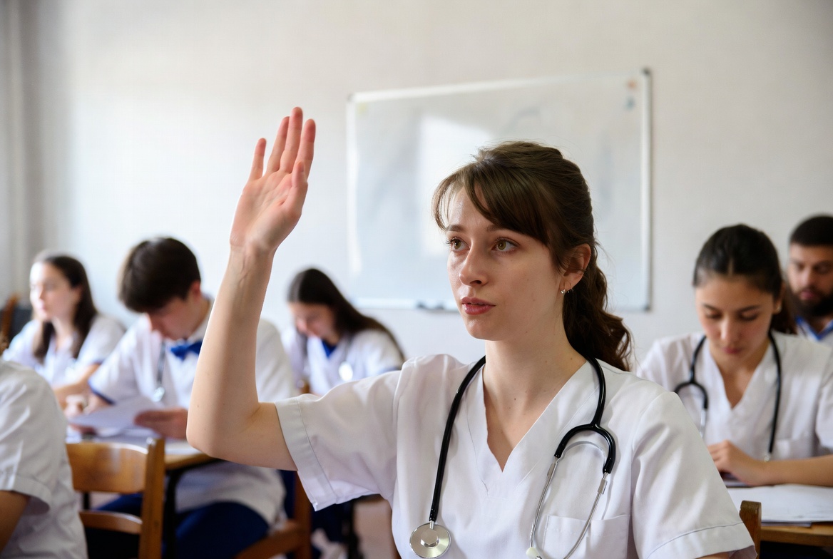 Nursing student asking questions during a classroom Q&A session.