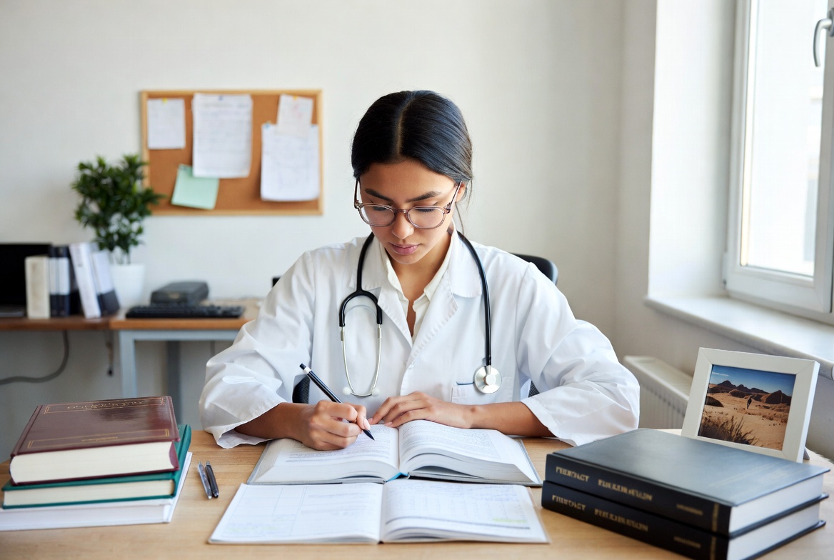 Nursing student planning LPN-to-RN program schedule with textbooks and calendar.