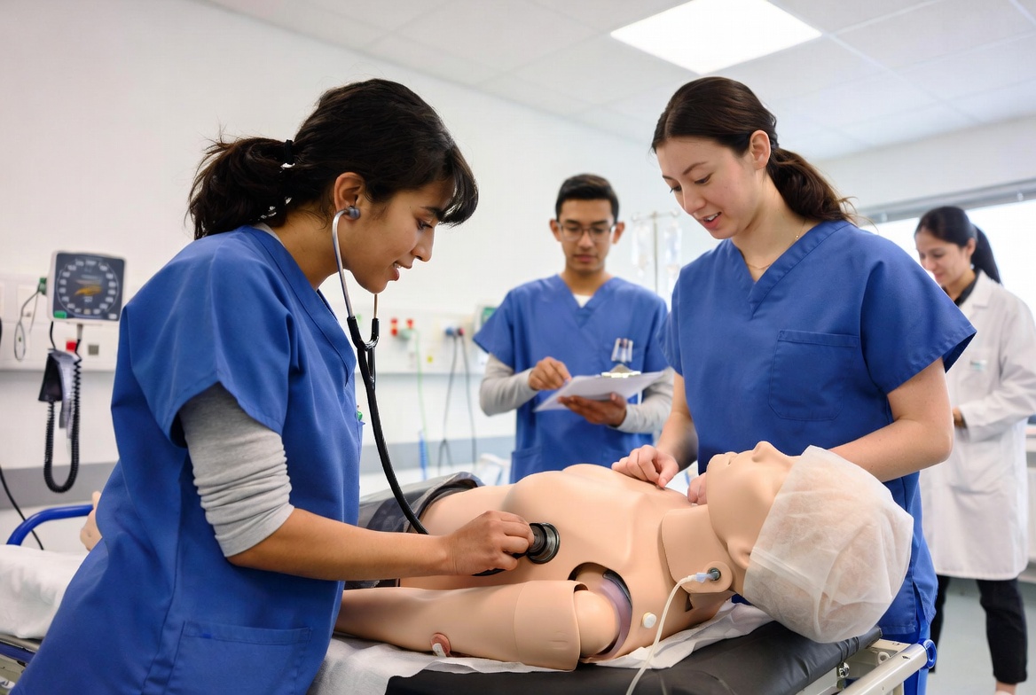 Nursing students practicing in a clinical simulation lab during LPN-to-RN training.