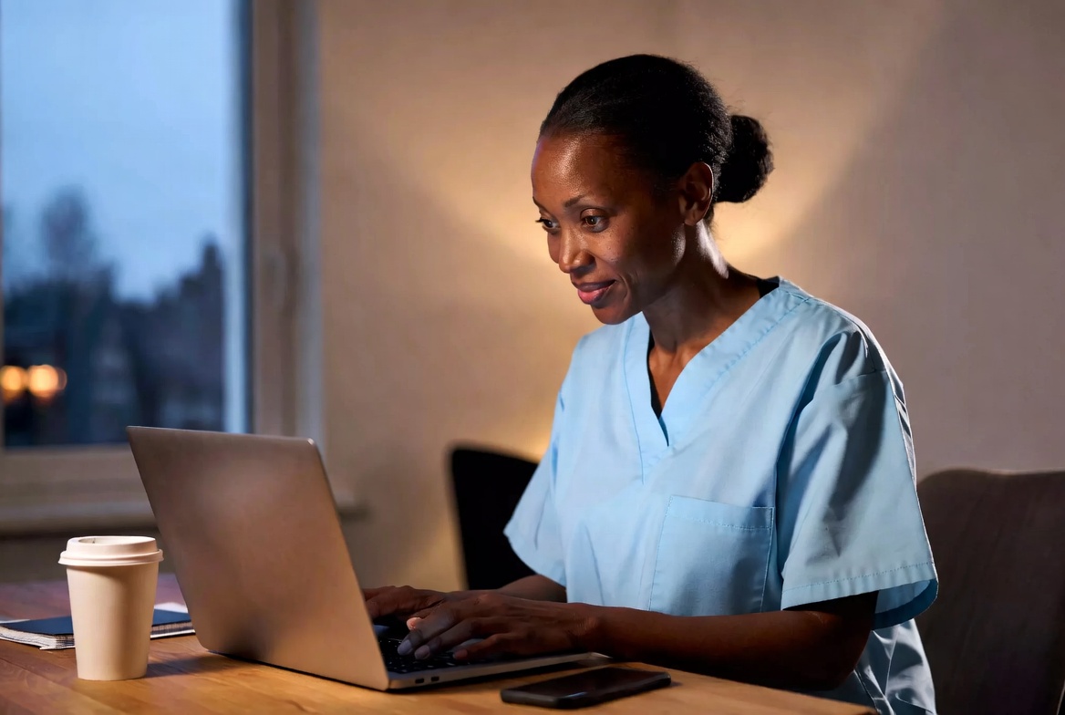 Registered Nurse completing an online RN to BSN program from home.