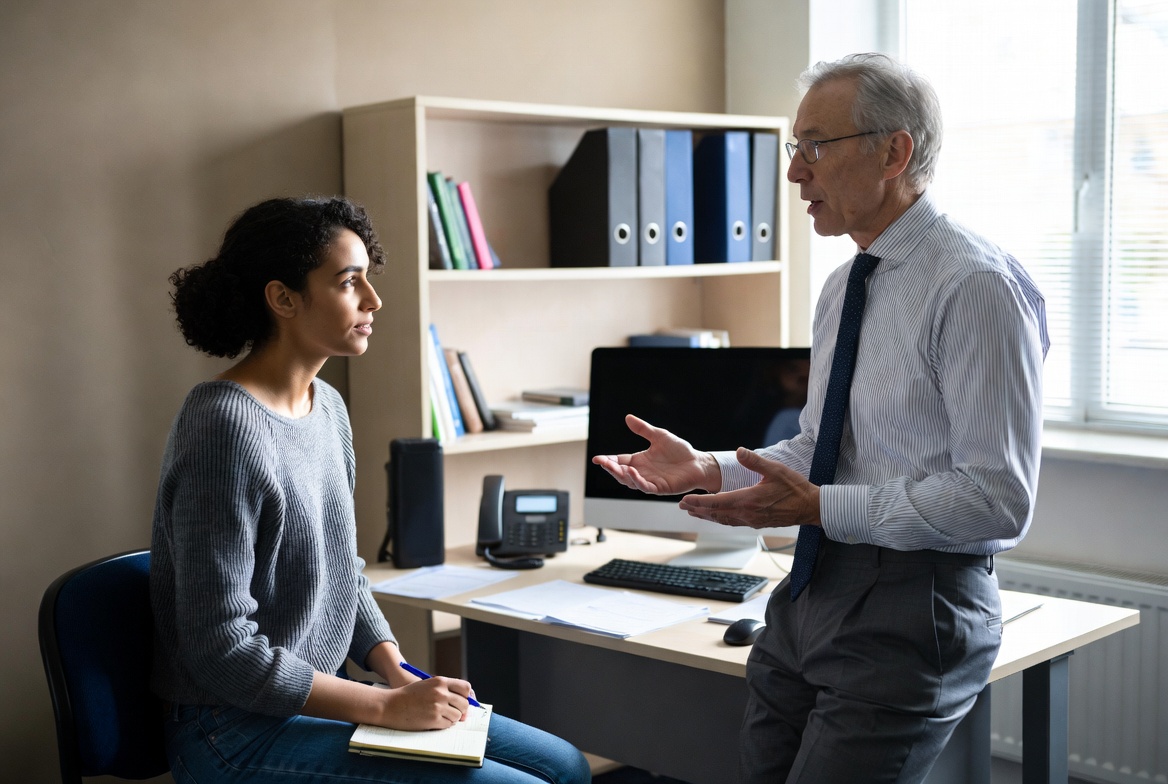 Student discussing nursing program options with a university advisor.