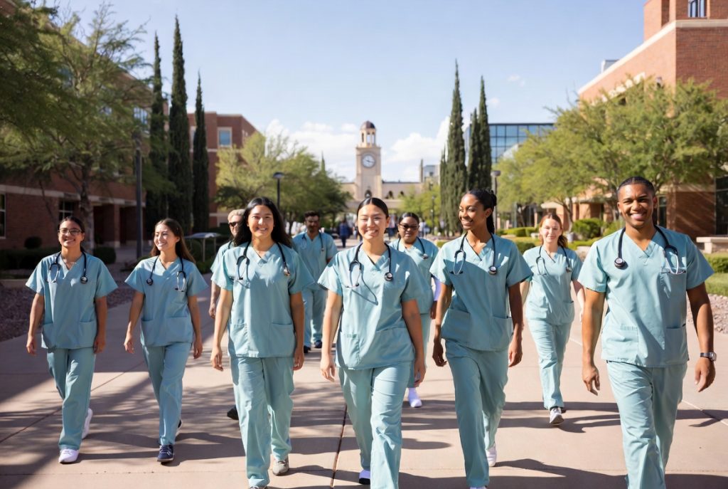 Nursing students on an Arizona campus preparing for accelerated BSN programs.