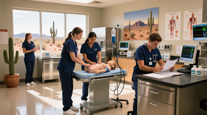 ADN nursing students practicing clinical skills in an Arizona community college lab.