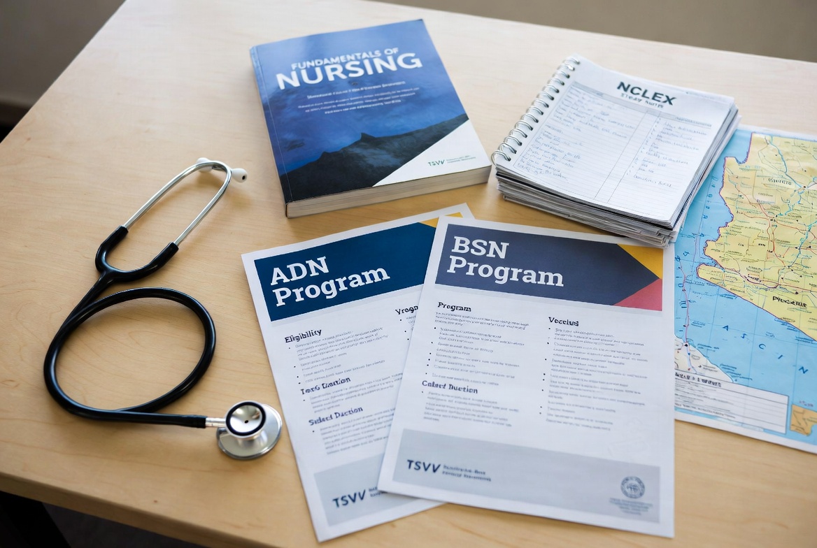 Table setup showing ADN and BSN guides with nursing tools and an Arizona map.