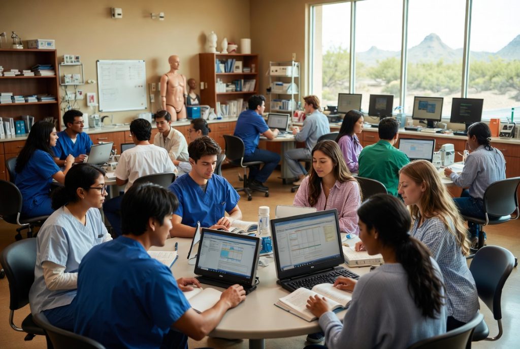 Diverse Arizona nursing students studying in a modern simulation lab for NCLEX exam preparation.