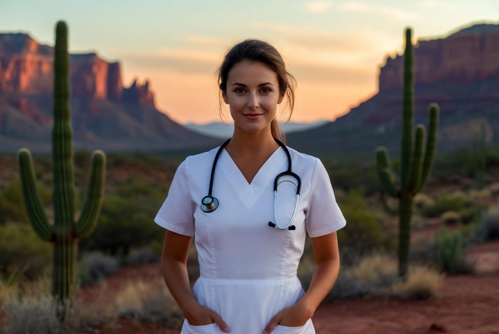 Nurse standing in the Arizona desert representing career advancement opportunities in nursing.