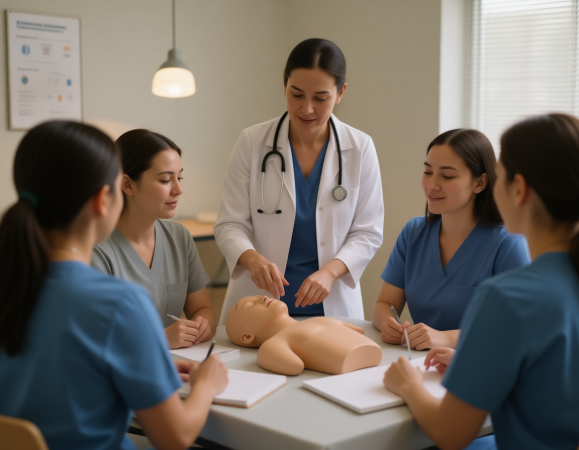 Nurse educator mentoring nursing students in an Arizona clinical setting.