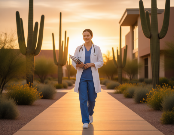 Arizona nursing student walking on campus, beginning their RN journey.
