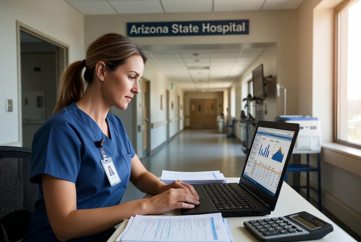 Nurse calculating ADN vs. BSN salary differences in Arizona.