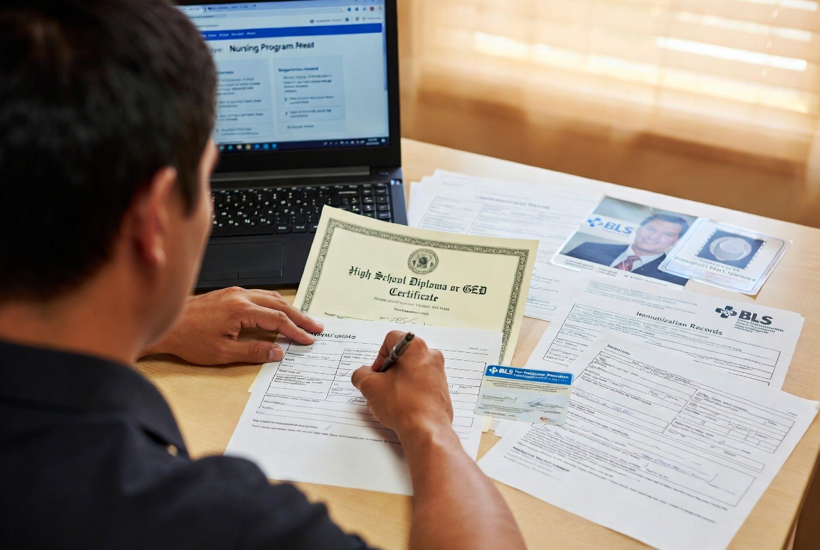 Essential documents required for Arizona nursing school applications on a desk.