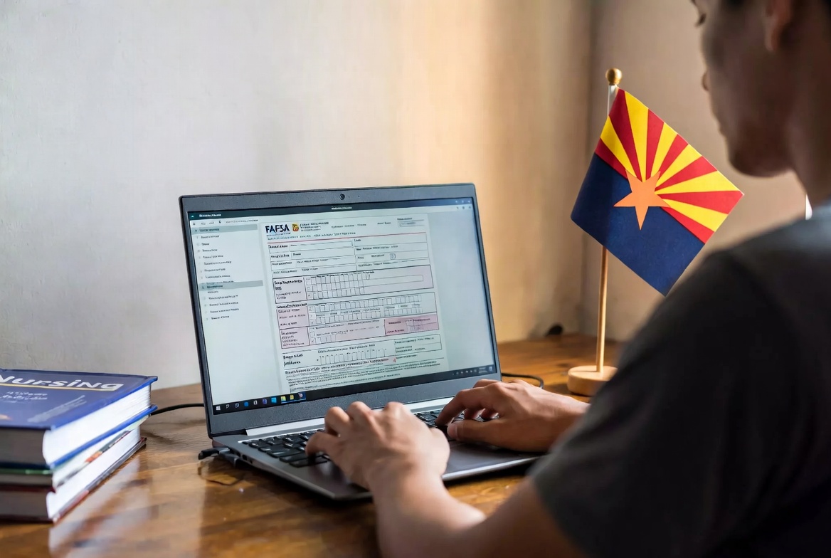 Student filling out FAFSA to access financial aid for nursing school in Arizona.