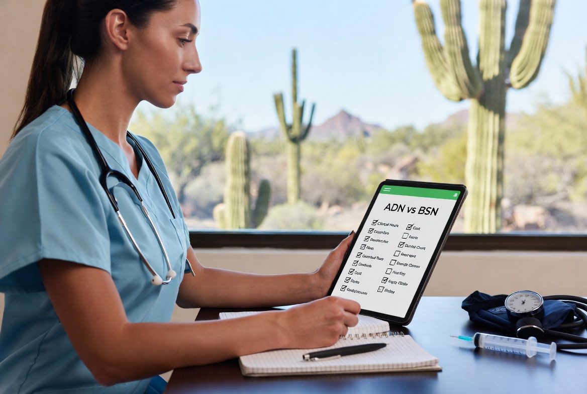 Nursing student reviewing next-steps checklist for choosing an affordable nursing program in Arizona.