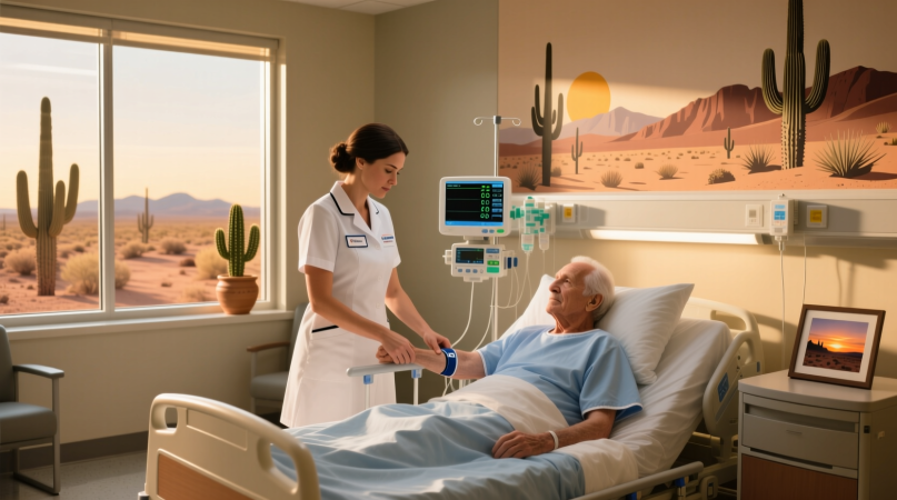Registered nurse in Arizona providing patient care in a modern hospital room.