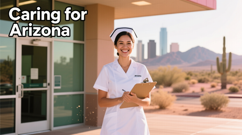 Arizona registered nurse standing outside a hospital, representing strong job outlook.