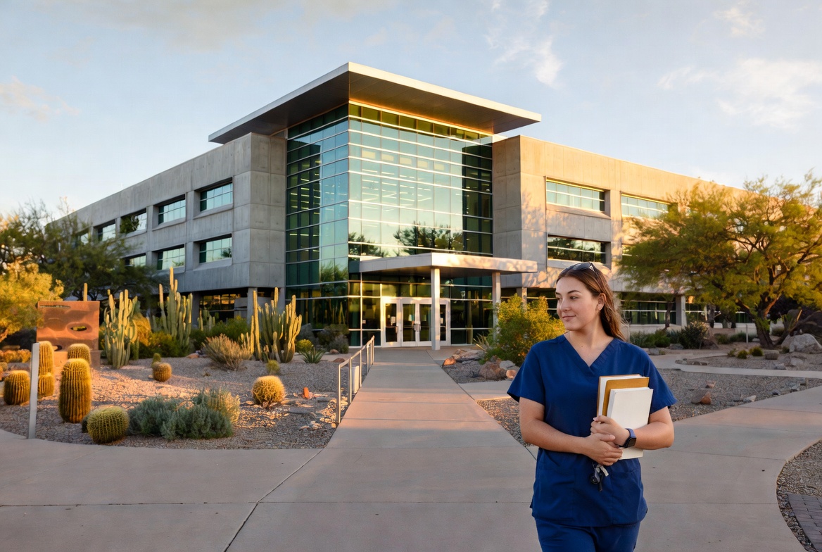 ASU nursing student in front of the Edson College of Nursing and Health Innovation.