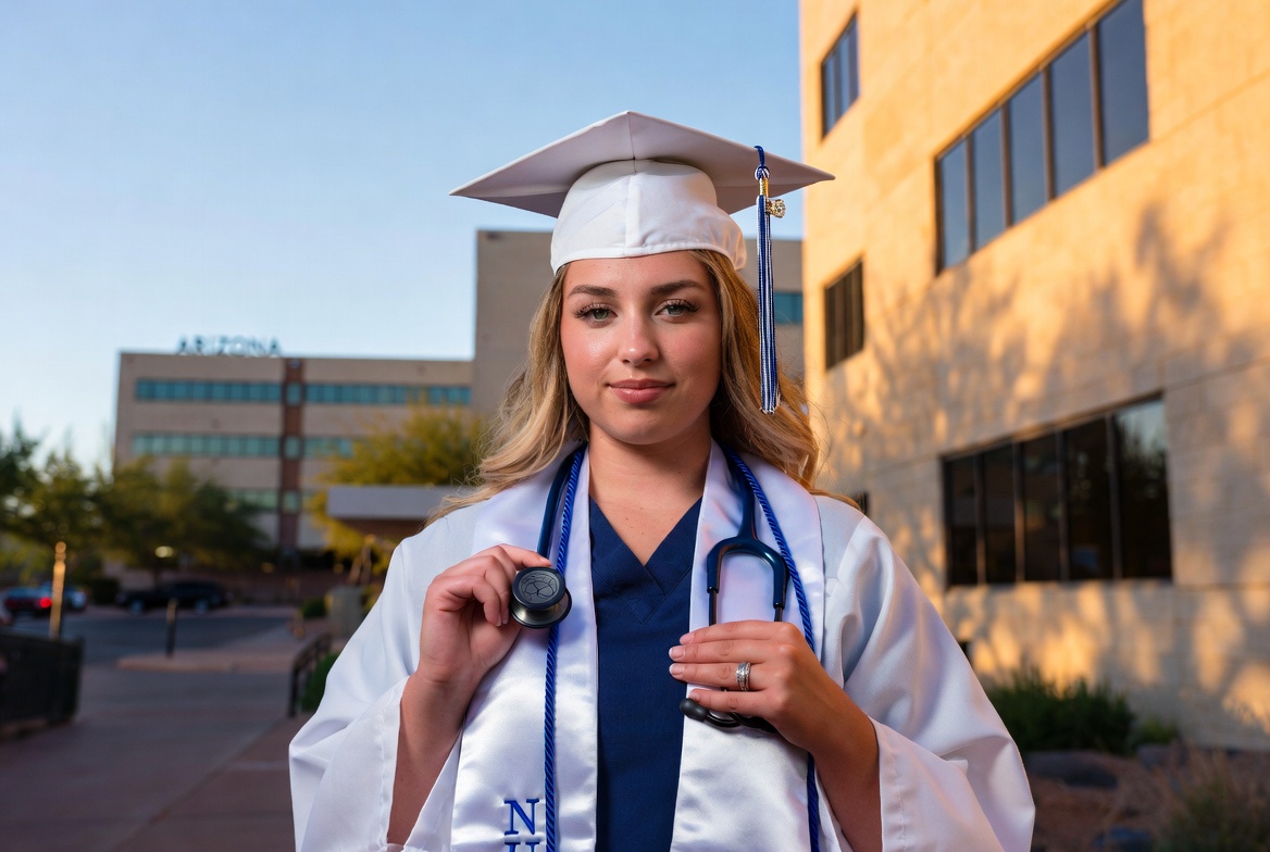 Newly graduated Arizona nurse celebrating future nursing career.