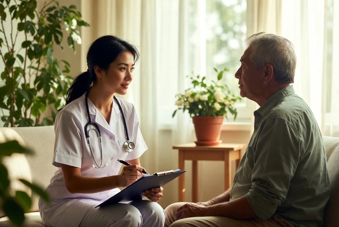 Holistic nurse guiding a patient through mindfulness therapy in an integrative care setting.