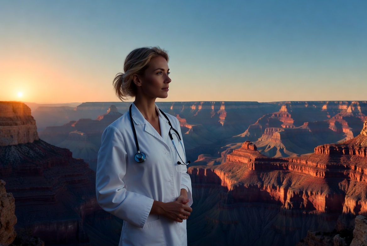 Nurse standing at the Grand Canyon at sunset representing holistic nursing career growth.