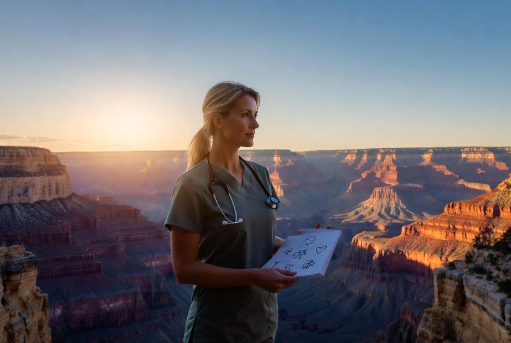 Holistic nursing students in Arizona standing outdoors near the Grand Canyon, representing integrative and whole-person healthcare education.