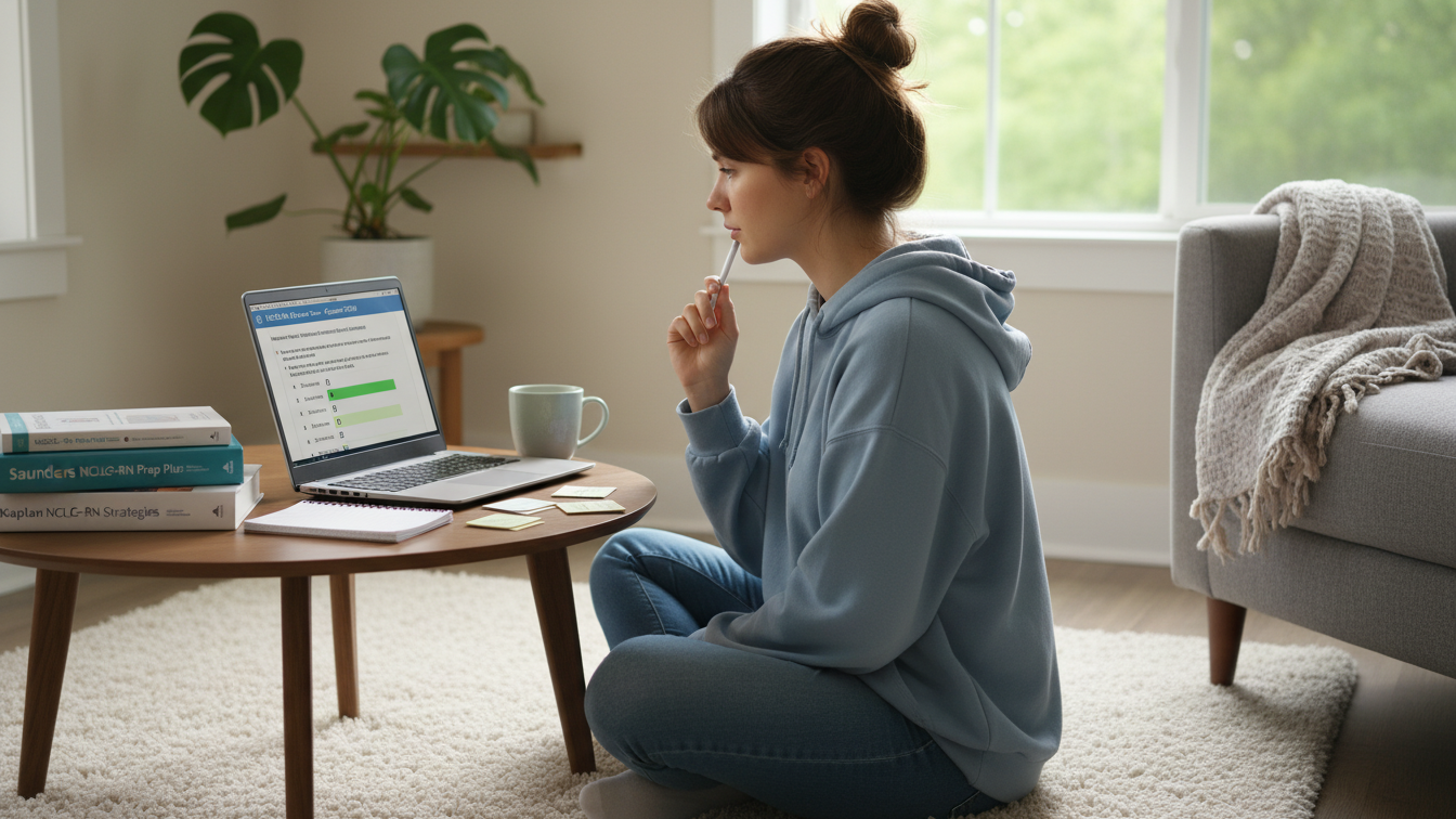 Nursing graduate studying for NCLEX using practice questions.
