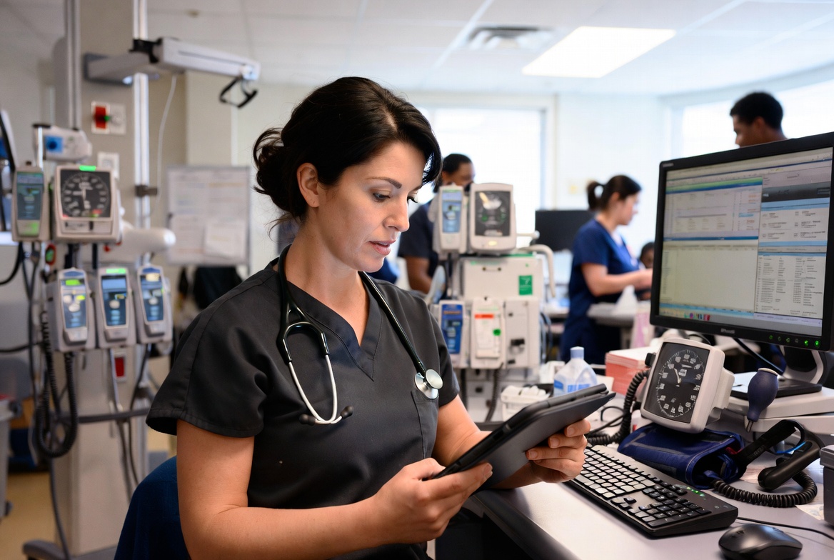 Registered nurse using a tablet to complete online RN to BSN coursework in Arizona.