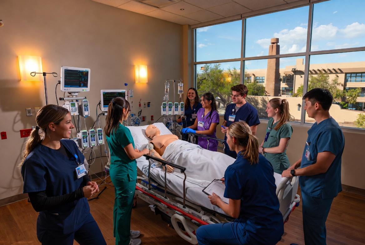 Nursing students practicing integrative health skills in a University of Arizona simulation lab.