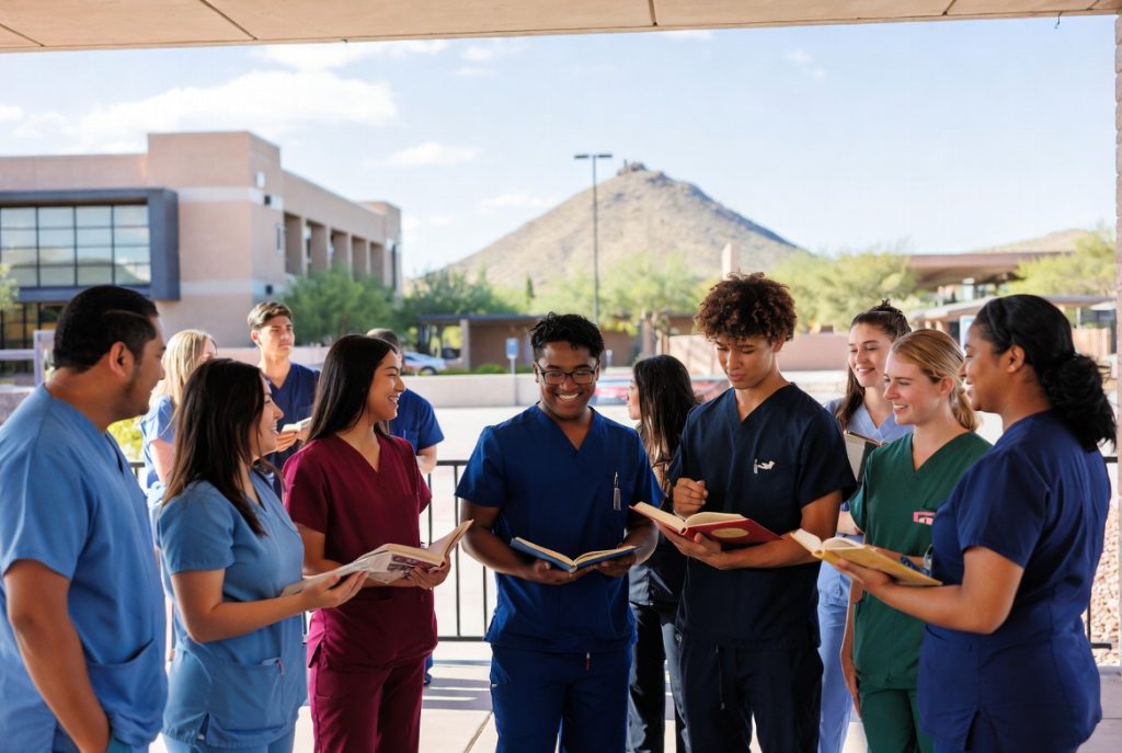 Diverse nursing students studying on an Arizona community college campus