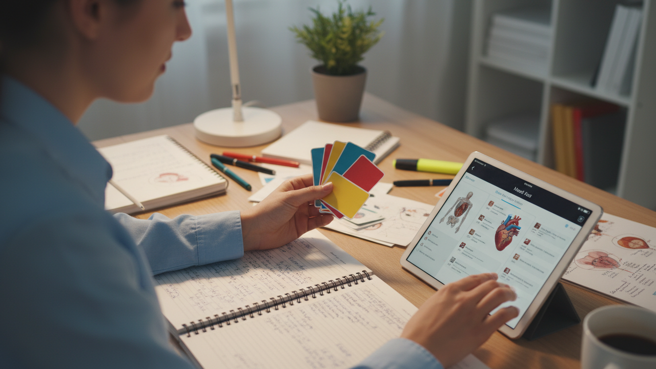 Nursing student using active recall and spaced repetition study methods.