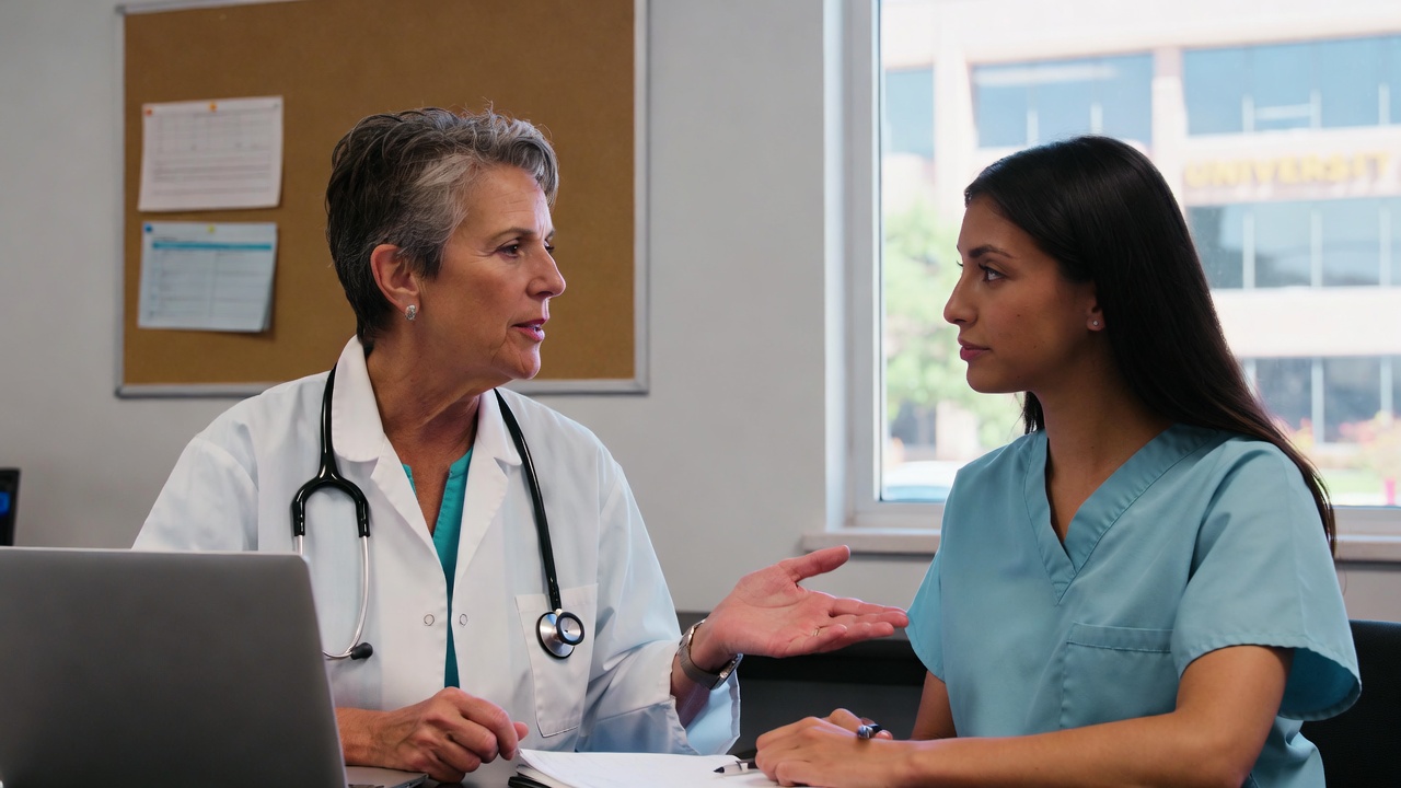 Nurse educator assisting nursing student at Arizona university.