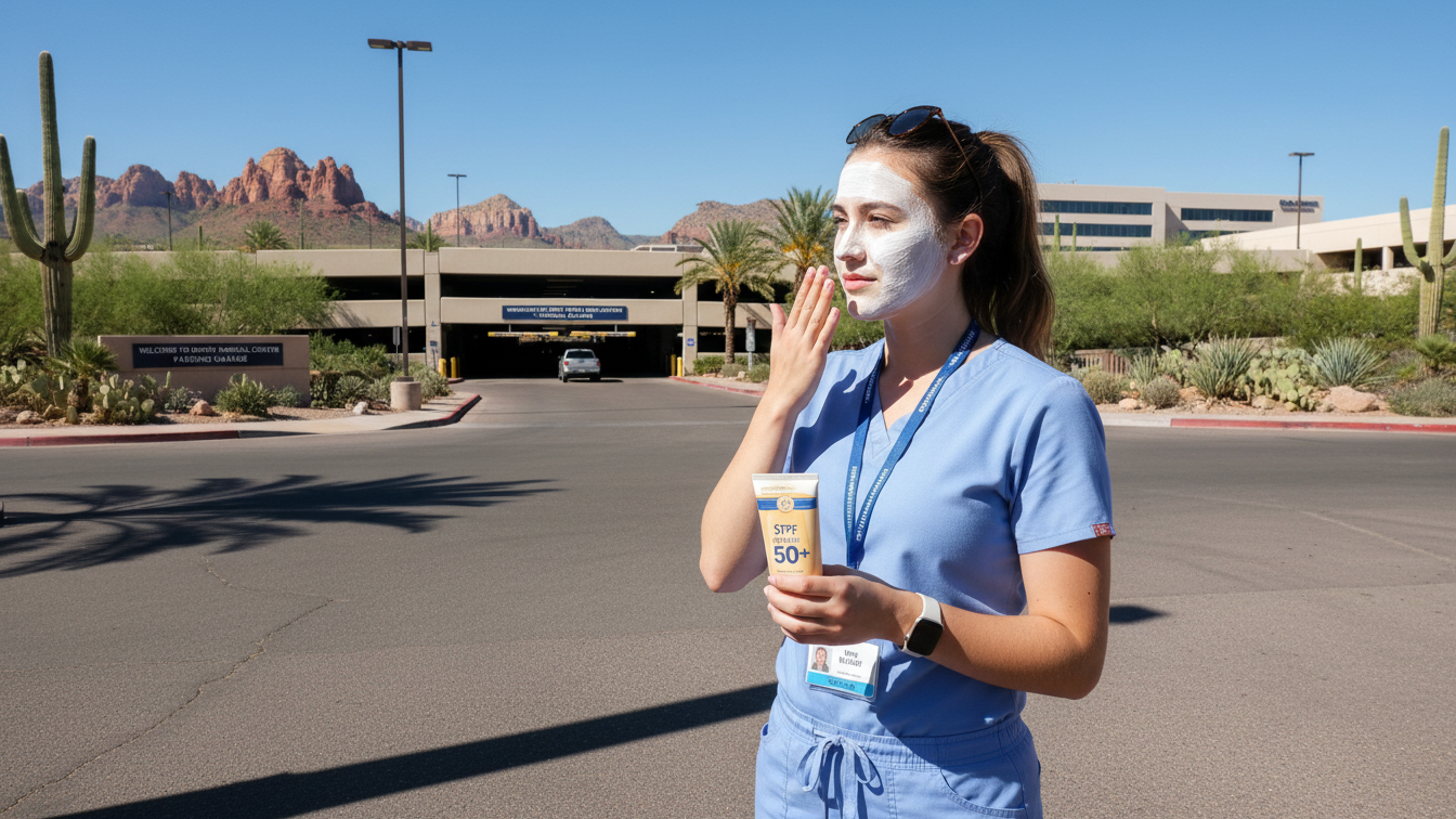 Arizona nursing student preparing for clinicals with sunscreen and commute planning.Arizona nursing student preparing for clinicals with sunscreen and commute planning.