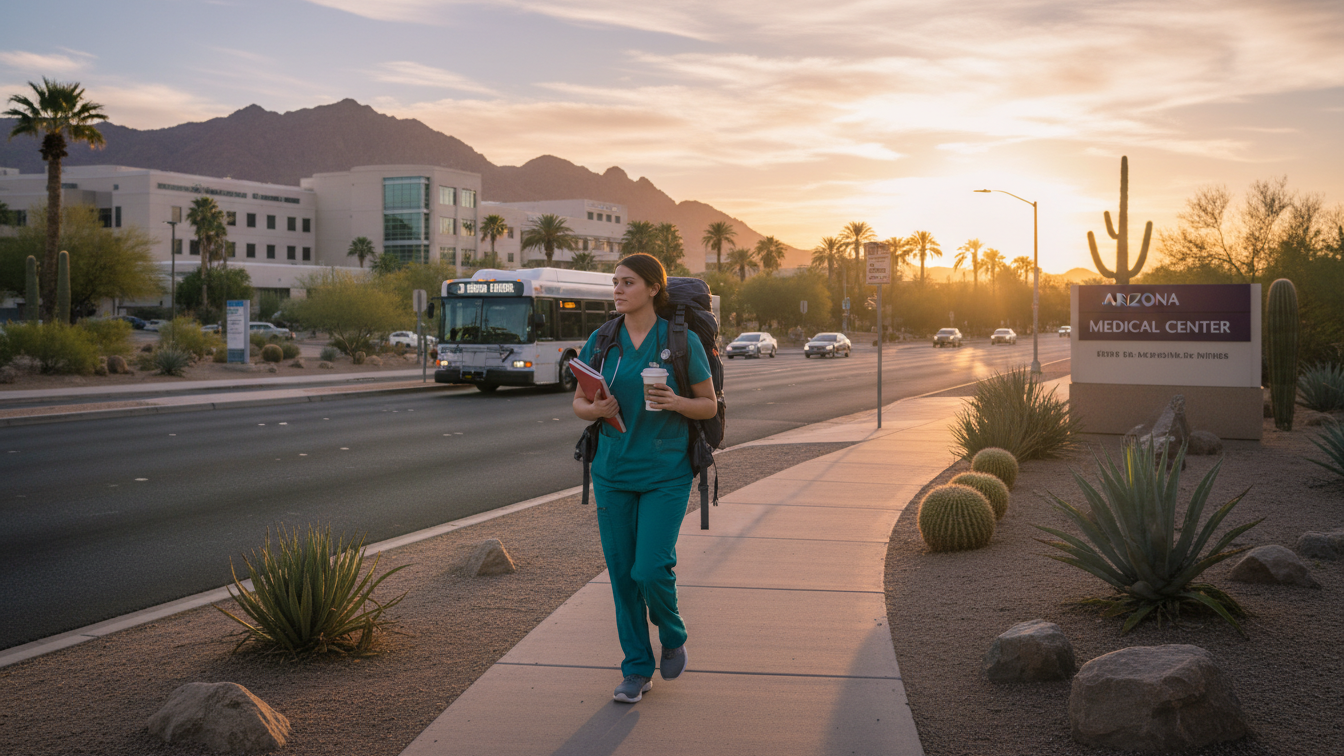 Nursing student commuting to class in Arizona using public transportation.
