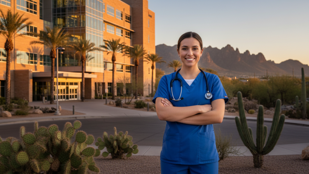 Arizona nursing student prepared for clinical rotations with essential gear.